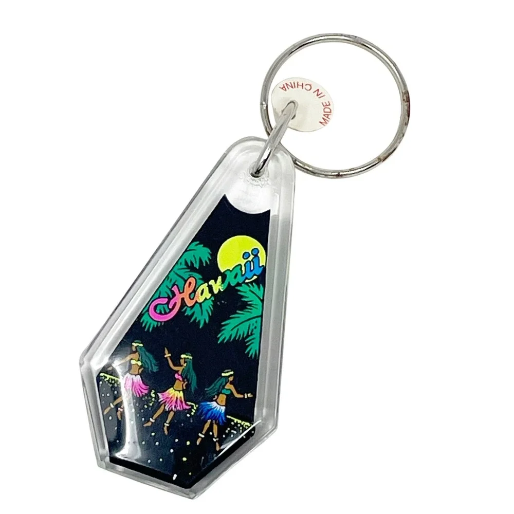 Vintage 80s Hawaii Keychain Black Neon Aloha Hula Dancers Retro Souvenir Plastic